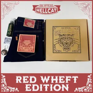 CELANA DENIM SELVEDGE 15 OZ ART HEELCAT SANFORIZED WEFT X MAROON ACCENT SELVEDGE WEFT MERAH RAW DENIM KAKU INDIGO PRIA