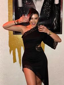 Vestido mini de encaje con aberturas para verano para mujer, negro, vestido plisado asimétrico para mujer, vestidos de fiesta sin hombros para mujer, sexy   Vestido de noche