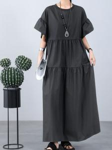 2026 日本・韓国風 カジュアル ラウンドネック パッチワーク プリーツ フリル袖 ワンピース、ファッショナブルなレジャーウェア、おしゃれで快適