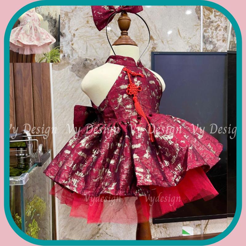   HÀNG CAO CẤP  Set Yếm Tết Cho Bé Váy Công Chúa Màu Đỏ Bồng Tự Nhiên Kèm Phụ Kiện 