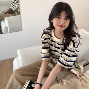 Women's Summer Striped Short Sleeve Cotton Top, Loose-Fitting Casual Half-Sleeve Shirt, New Arrival Vintage Style Tee 1181# office outfit women croptop clothing leotards bagong 2025 Womenswear Lingerie Tshirt Apricot Crewneck Fitted