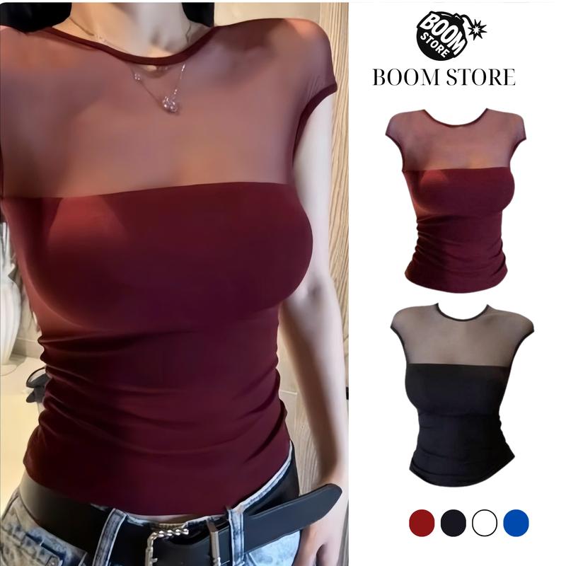 [XẢ KHO 45K] Áo Cổ Tròn Ren Lưới Có Đệm Mút Dáng Baby Tee, Chất Thun Tăm Co giãn, Mặc Đi Làm Đi Chơi Sang Chảnh– By BOOM STORE VN