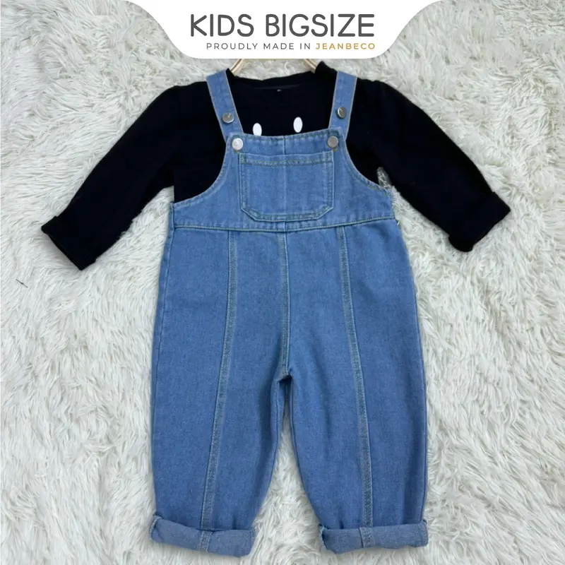 Quần yếm jeans hai dây KIDS BIGSIZE, yếm jean dáng dài cho bé gái bé trai màu xanh phối viền line form rộng QYD010 4
