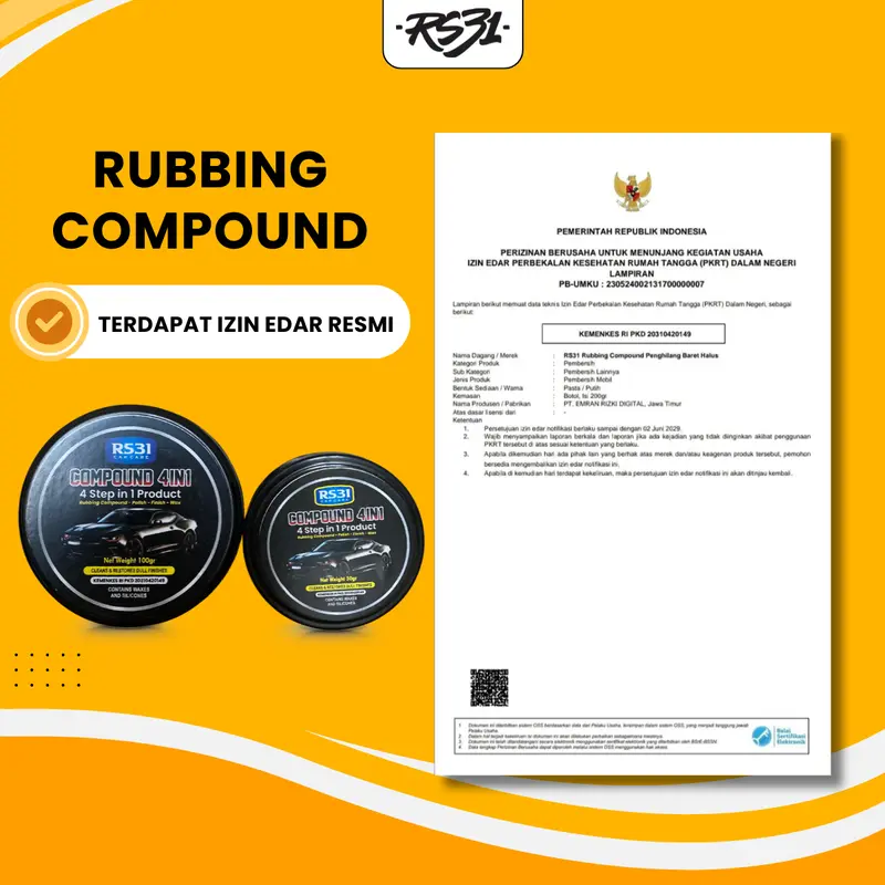 RS31 Rubbing Compound Penghilang Baret Mobil Motor Helm Kaca 50gr 100gr 200gr Super Ampuh Menghilangkan Baret Halus & Swirl Mark Dengan Wax & Silikon 6