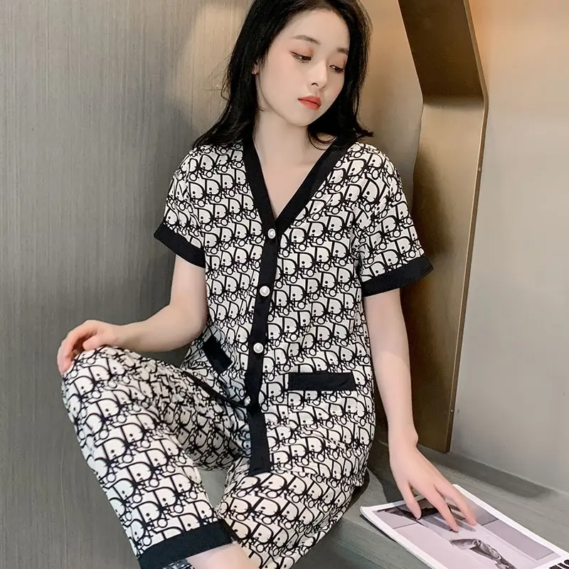 Piyama Wanita Dewasa Model Kancing Depan Mewah Lengan Pendek Celana Panjang Import High Quality Sleepwear 3
