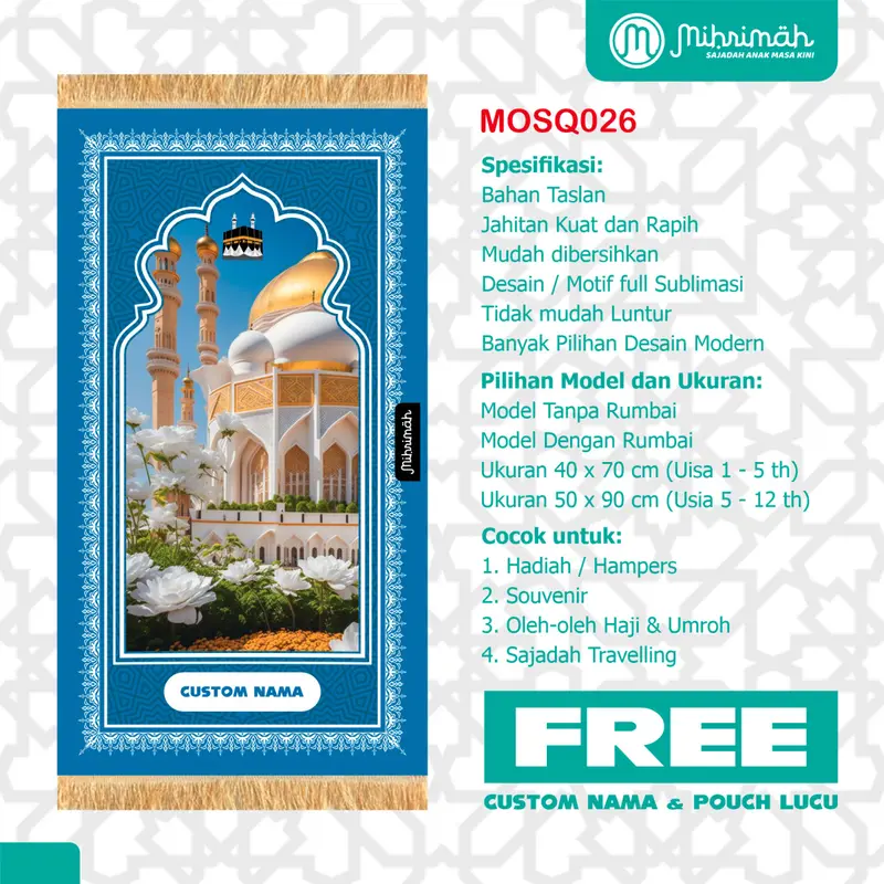 FREE CUSTOM NAMA - Sejadah Anak Perempuan anti Air- Design Trendi By Mihrimah - Mosque Series Series 1