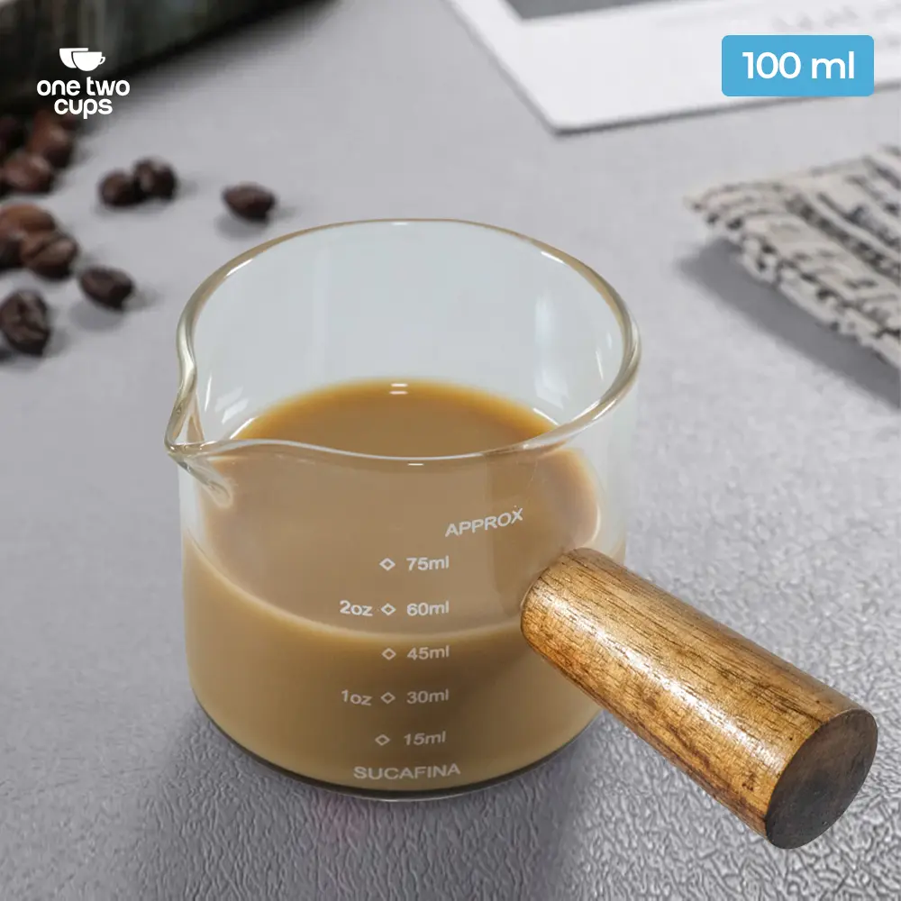 One Two Cups Gelas Milk Jug Pitcher Handle Kayu Kopi Latte Art - S10