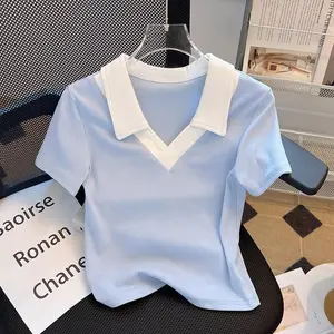 Kaos Crop Top Kombinasi-Polo Shirt Wanita/ Crop Top polos/ Kaos Wanita/ T-shirt Kerah Polos/ Kaos Crop/ Trending 2025