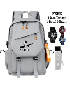 Kantong Sekolah Cowok dengan Gratis Jam Tangan dan Botol Minum Tas Ransel Hitam Later fashion Backpack Kanvas