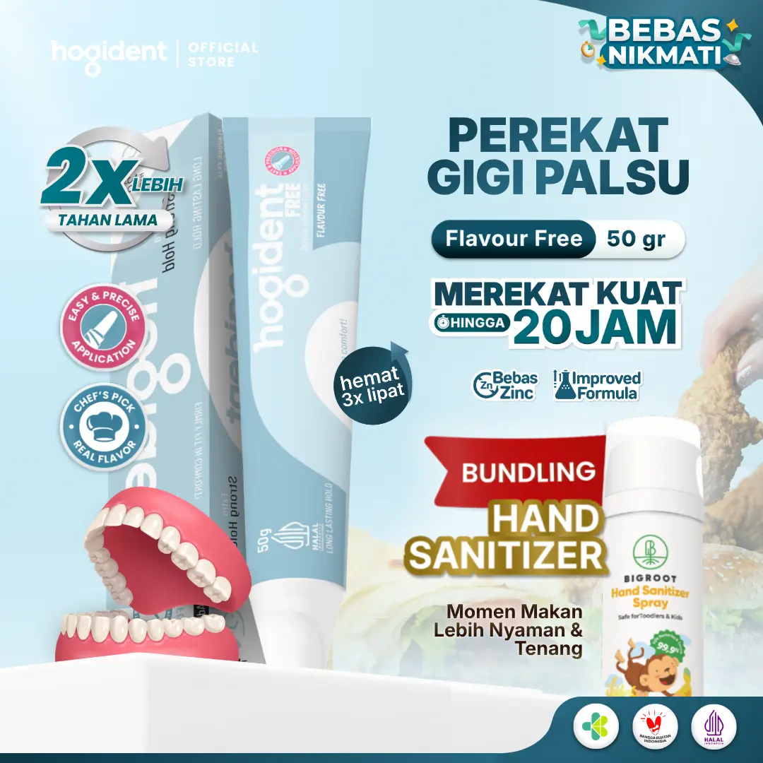 Hogident Flavour Free Cream Perekat Gigi Palsu Kuat 20 Jam | Mencegah Bau Mulut, Gusi Bengkak & Gigi Berlubang | Untuk Perawatan Harian