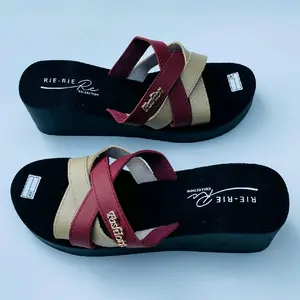 Sandal Wedges Wanita Kekinian Motif Kombinasi Fashion Hitam