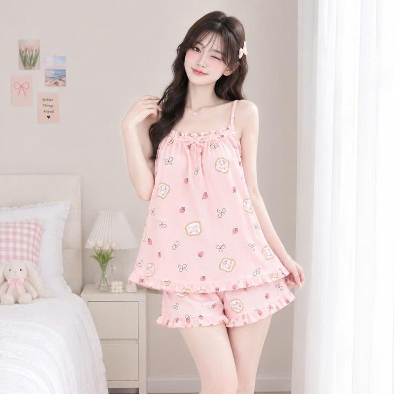 Dưới 52kg Đồ bộ 2 dây thắt nơ chất đũi mềm mát họa tiết dễ thương
