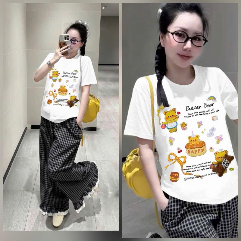 SÉT BỘ ỐNG SUÔNG THIẾT KẾ SỌC CARO BÈO QUẦN DÁNG ĐỨNG IN GẤU VÀNG THUN COTTON TISI DÀY DĂN BIGSIZE Nữ Women Ong Áo Top Thun