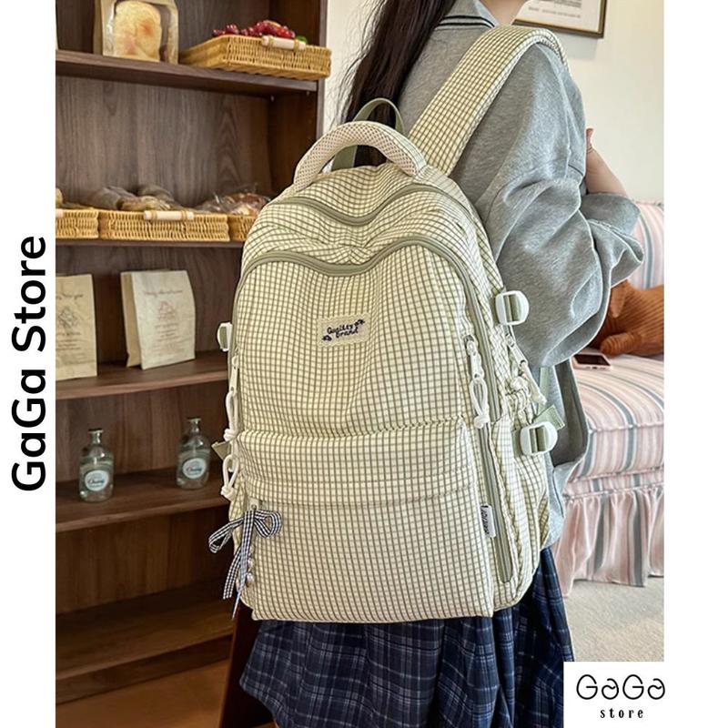 Balo đi học của nữ caro phối màu đơn giản dễ thương cấp 2 cấp 3 nhiều ngăn form to B843 gagastore