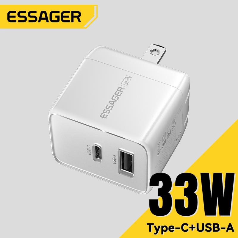 Bộ sạc GaN, Essager, 33W, USB + Type C, Sạc nhanh, Hỗ trợ PD3.0 và QC 3.0, Bộ Chuyển Đổi, Dành cho Android, Bộ sạc du lịch