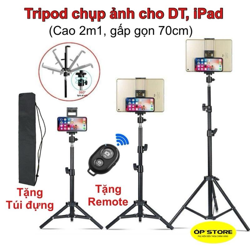  Tripod cao 2m1 + kẹp ĐT Ipad Máy tính bảng quay Video Chụp Ảnh chỉnh Xoay 360 độ Chụp Ảnh Selfie Kem chân quay 