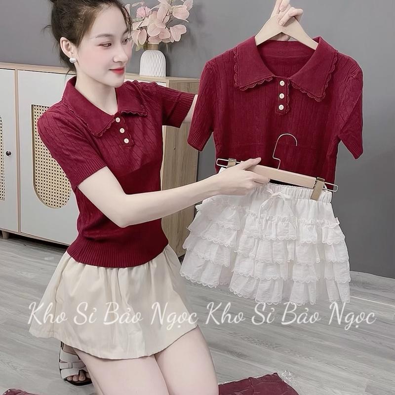 [A190] Áo polo len phối cổ ren khuy cài hoạ tiết vặn thừng tay cộc tiểu thư hàng quảng châu Kho Sỉ Nguyễn Bảo Ngọc