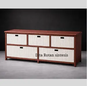 [Ready Stok] Meja Tv Rottan Sintesis, Lemari Rottan 5 Laci Model Jasmine