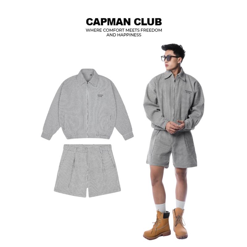 SET BỘ quần short và áo khoác nam HURA phom rộng CAPMAN CLUB, họa tiết kẻ sọc trắng đen, thích hợp mặc đi chơi