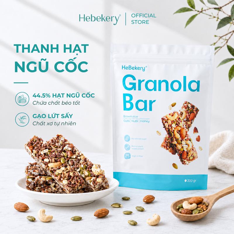 Thanh Ngũ Cốc Hạt HEBEKERY 200gr - 44% Hạt Ngũ Cốc - Thành Phần Dinh Dưỡng Từ GẠO LỨT, Vị Ngọt Thanh Dịu Từ MẬT ONG - Snack Ăn Vặt Healthy Dinh Dưỡng