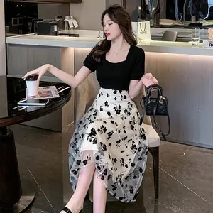 976 elegant black long dress formal korean style vintage big size floral dresscantik wanita hitam women fairydress party Gaun Panjang