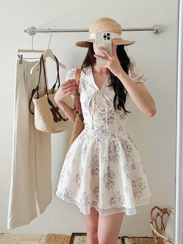 Bigsize nista Đầm Thiết Kế Cổ V Tay Bồng Chất Voan Thêu Hoa Tiết Hoa Sang Trọng Từ 60-90kg Màu Kem Women Nữ Dress Váy Thường Mặc Váy Dự Tiệc Đầm dự tiệc Đầm dự tiệc