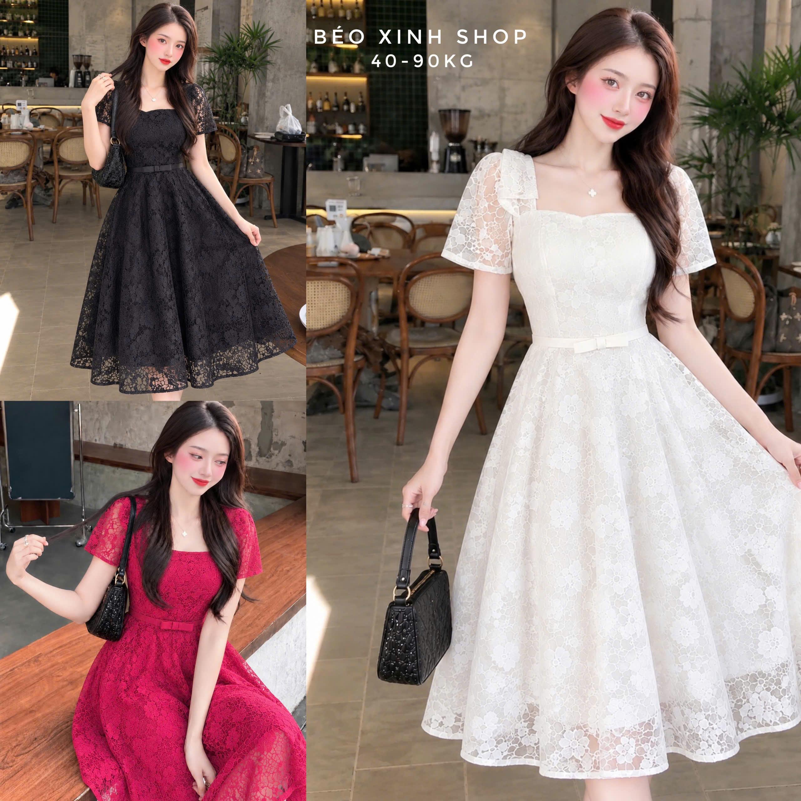 Váy Ren Hoa Dự Tiệc Tùng Xòe Cổ Vuông Sang Trọng Bigsize 40–90kg Béo Xinh Shop - B.1894