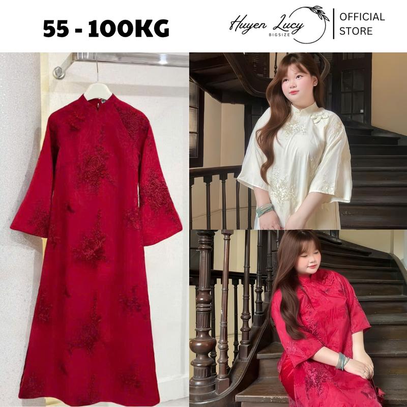   BST TẾT 2026  ÁO DÀI HẠC VŨ áo dài cách tân nữ Bigsize vải tơ thêu nổi 2 lớp cao cấp 4 tà đi cưới chụp ảnh có size tới 100kg Huyền Lucy Bigsize 