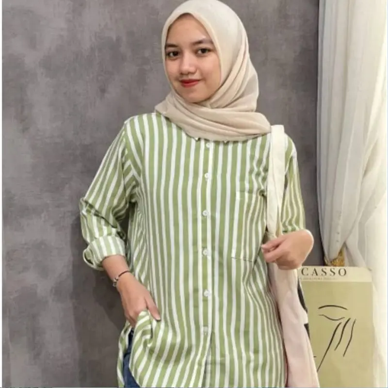 Kemeja Wanita Salur Stripe Polyrayon Size M-L-XL-XXL Atasan Kemeja Lengan Panjang 6