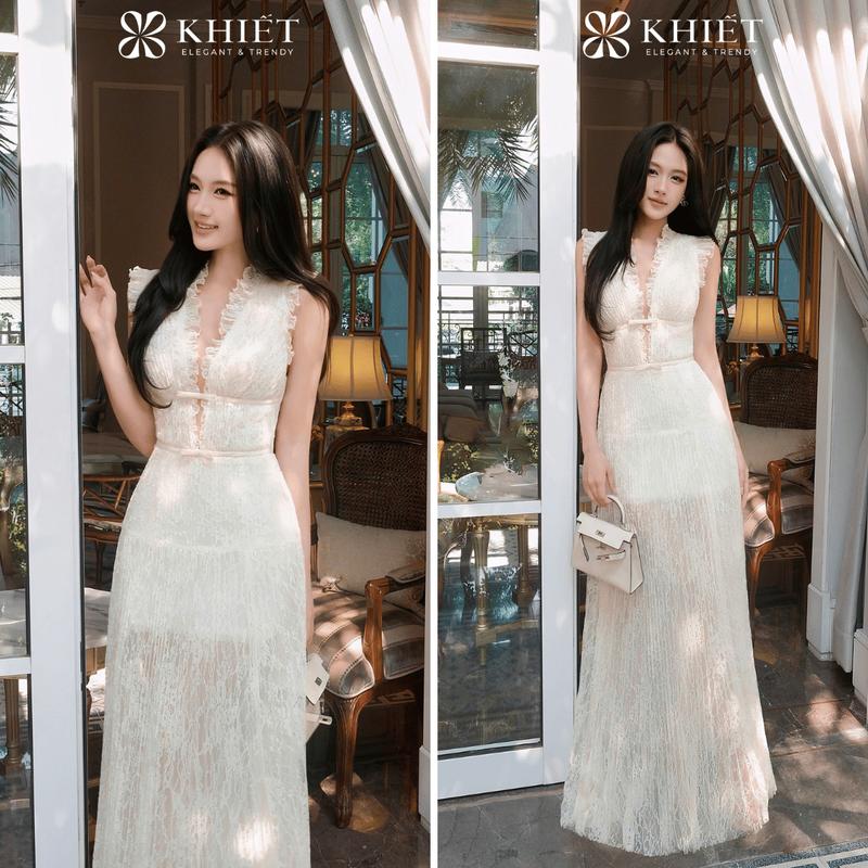 KHIẾT - Đầm Ren Dài Cổ V Xẻ Chiết Eo Sang Trọng Quý Phái Nữ Tính KD596