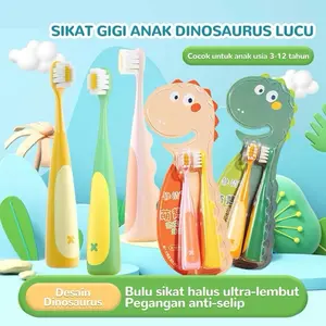 [2 Pcs] Sikat Gigi Anak Dino – Bulu Ultra Lembut 0.12mm | Pegangan Tebal |Aman untuk Usia 3-12 Tahun