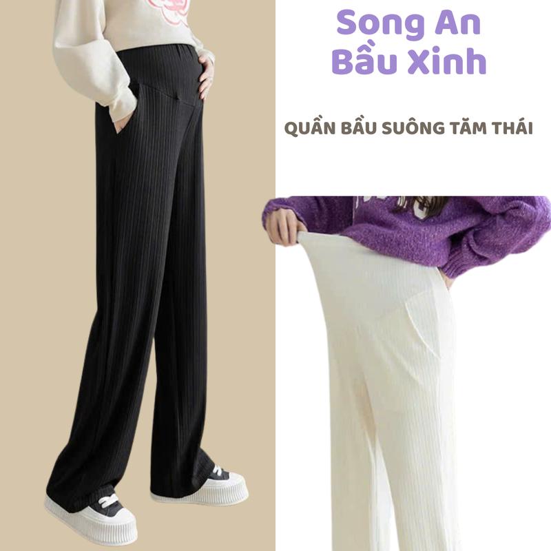  Song An quần bầu ống suông tăm thái có đáp bụng tôn dáng- quần bà bầu dáng rộng có chun chỉnh bụng 