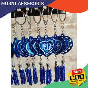 Murni Aksesoris. Gantungan Kunci Biru Rumbai Kaligrafi Islami Lafadz Allah & Nabi Muhammad. Tulisan Bulak Balik 2 sisi, Panjang 17 cm.