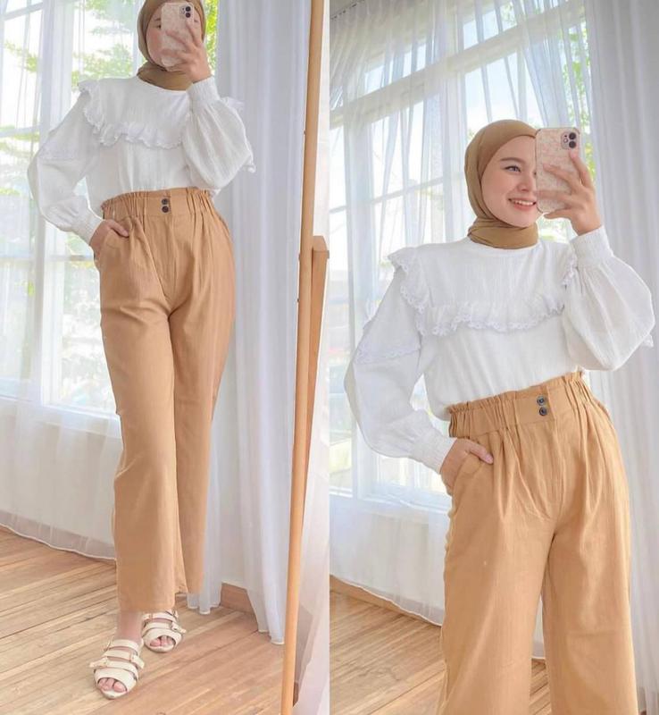 Celana Kulot Wanita Kancing Linen Crinkle Kekinian // Celana Highwaist Loose Pants Trousers - Celana Kerja Wanita Kantor - Celana Kulot Wanita 3