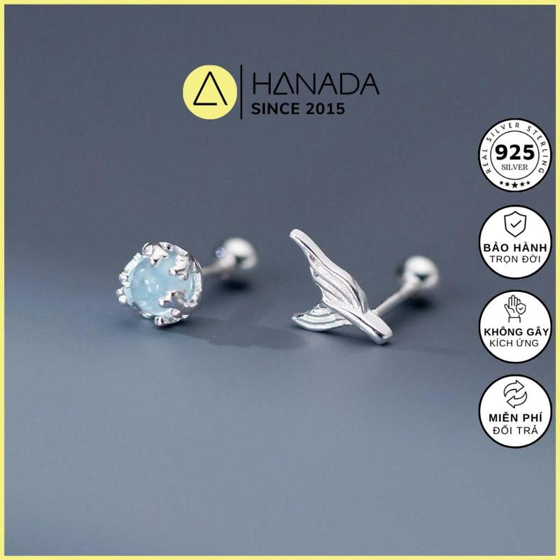 BH TRỌN ĐỜI Khuyên Bạc 925 Hanada Đuôi Cá Đá Xanh Chuôi Bi Bông Tai Mang hằng ngày 2282 B12
