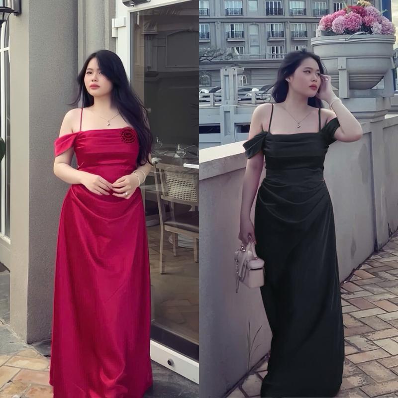 Kèm Hoa Đầm Lụa Bigsize Dáng Dài Bẹt Vai Có Mút Xếp Ly Eo Siêu Sang Từ 60 Đến 90Kg Nữ Women Dress Set Lụa Xước Váy Thường Mặc Khóa Kéo Xám Nâu Đen Kem Ghi đầm 2 dây trễ vai vaylua