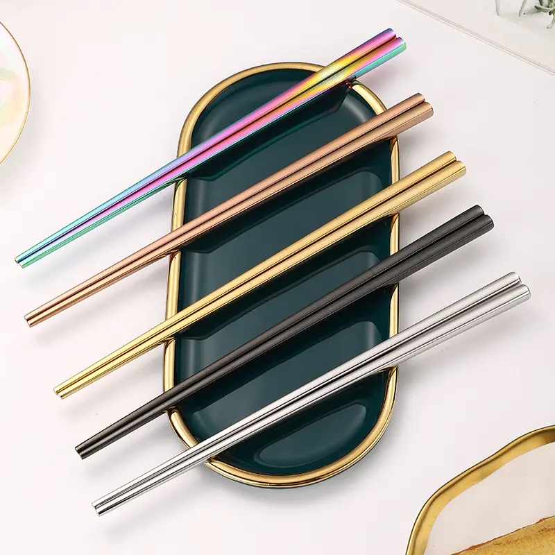 Wholesale 23.5 Korean 304 Stainless Steel Chopsticks Household Non-Slip High-End Square Chopsticks Simple Hollow Gold Chopsticks Gift Box