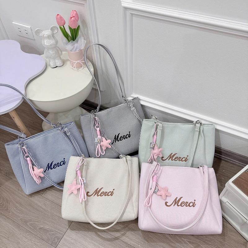 Xả Kho Túi Tote Vải Canvas Phối Charm sao, Túi Công Sở Vải Kẻ Thời Trang Hàn Q
