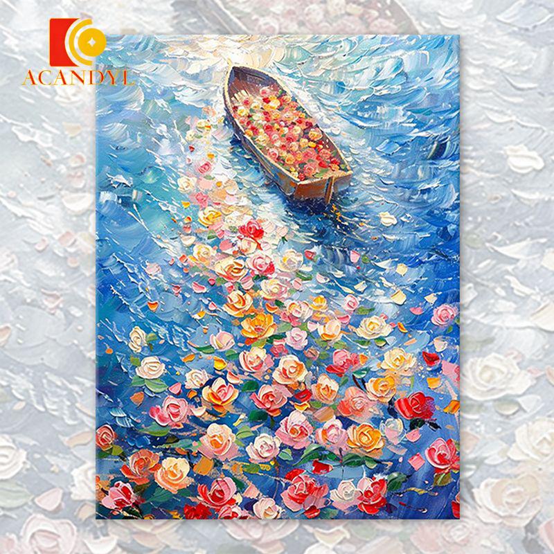  Bộ sơn theo số ACANDYL với thiết kế Gợn Sóng Thuyền và Hoa Khung 30x40cm Tranh kỹ thuật số tự làm Nghệ thuật phong cảnh theo số màu Tranh tô màu vẽ tay Trang trí nội thất Món quà độc đáo 