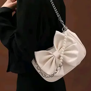 Tas Selempang Bahu Wanita Rantai Kulit Sintetis Slingbag Ribbon Mutiara - Shoulder bag Korean Style Fashion Cewek Terbaru