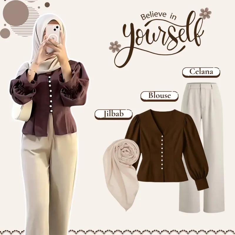 1 Set Outfit Remaja (Blouse Coklat Mahogany + Celana Kulot + Jilbab Bella square) Casual Style HO63N 0