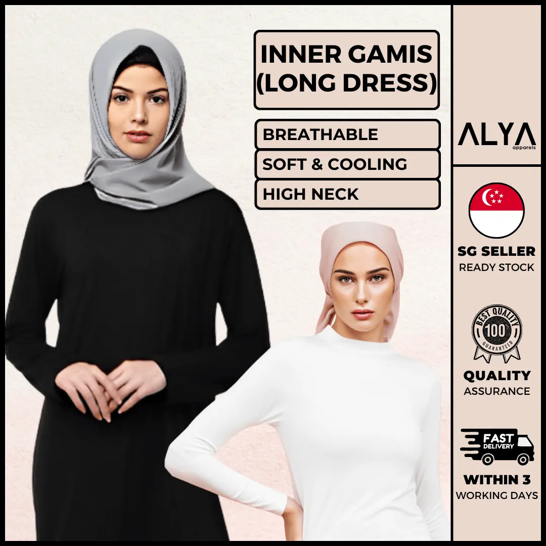 Inner Gamis - ( Freesize / Non-See Through Dress / Stretchy / Muslimah / Ladies / Undershirt / Jumbo / Long Sleeves)