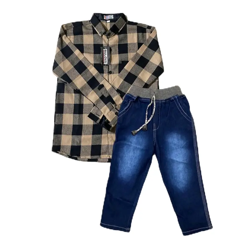 setelan anak kemeja katun flanel distro premium quality dan celana jeans biru muda usia 1-10 tahun 4