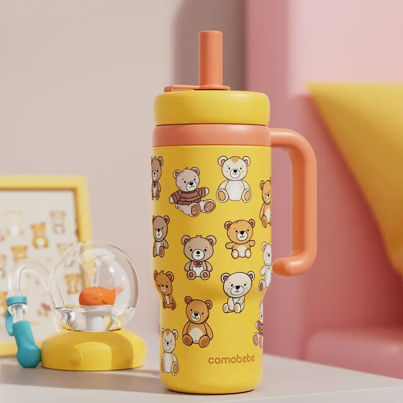 【COMOBEBE】24oz Stainless Steel Whale Fountain Tumbler with Handle – Two Lids, Spill-Proof, Dishwasher Safe, Cute & Perfect for Kids, Teens, and Adults 3