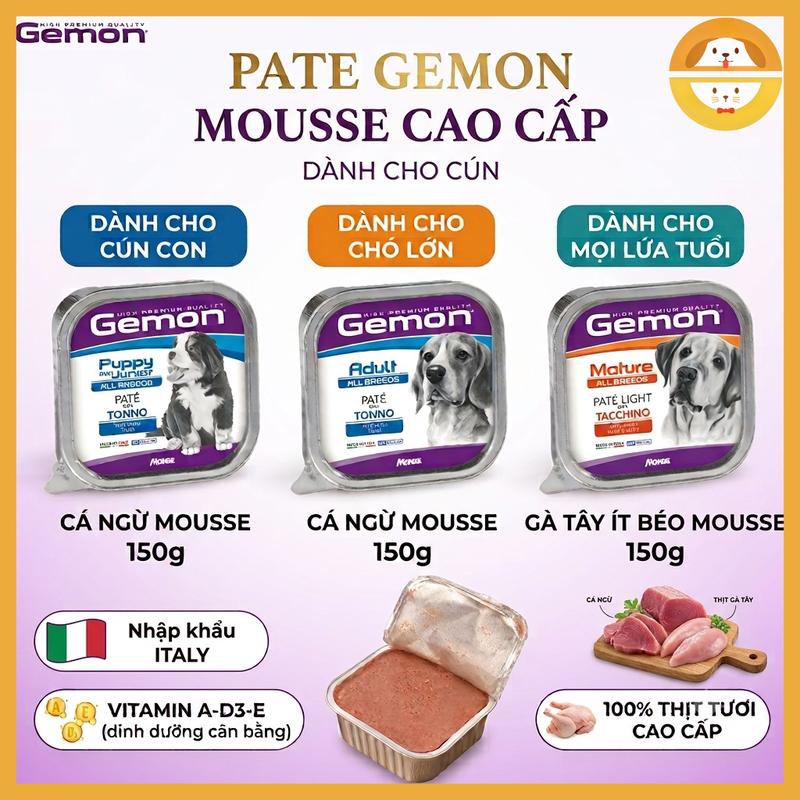 Pate Gemon dạng Monge cao cấp cho chó nhiều vị (hộp 150g) (Cá ngừ - chó con)