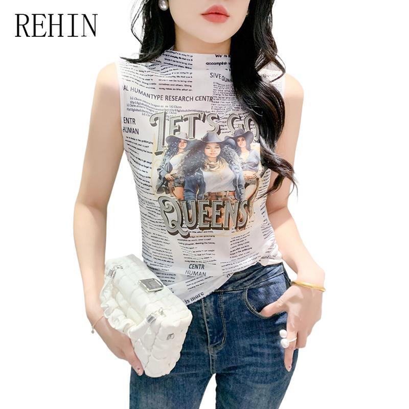  Áo Thun Cổ Cao Không Tay In Hình REHIN Thời Trang Mới Mùa Thu In Chữ Thanh Lịch Dáng Ôm Áo Nữ 