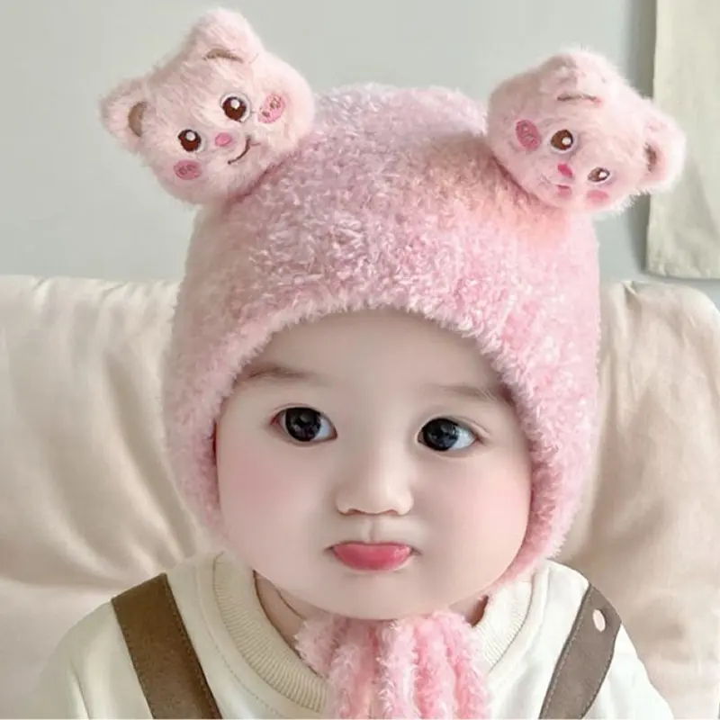 Mũ Trẻ Em Bé Nhồi Bông Thiết Kế Hình Gấu Hoạt Hình, Ấm Áp Mùa Đông, Lông Cừu San Hô Dày, Mũ Bảo Vệ Tai Cho Trẻ Sơ Sinh, Dễ Thương Và Chống Gió, Thích Hợp Cho Bé Trai Và Bé Gái Mới Biết Đi, Mũ Len 8
