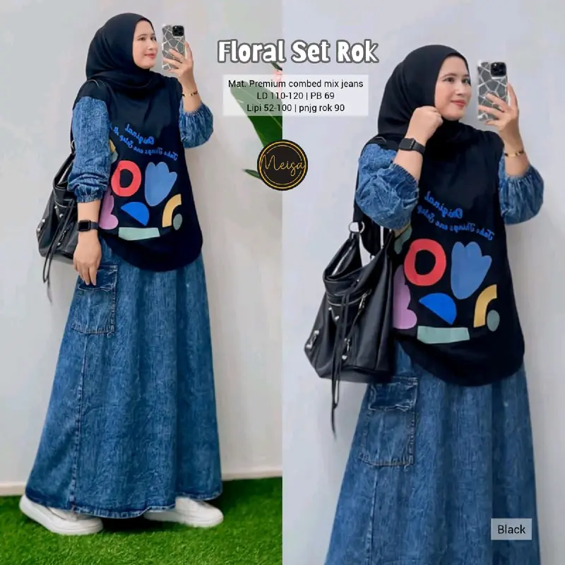 Floral Set Rok (Atasan&Rok) Setelan Wanita Bahan Combad Mix Jeans By Signadila 0