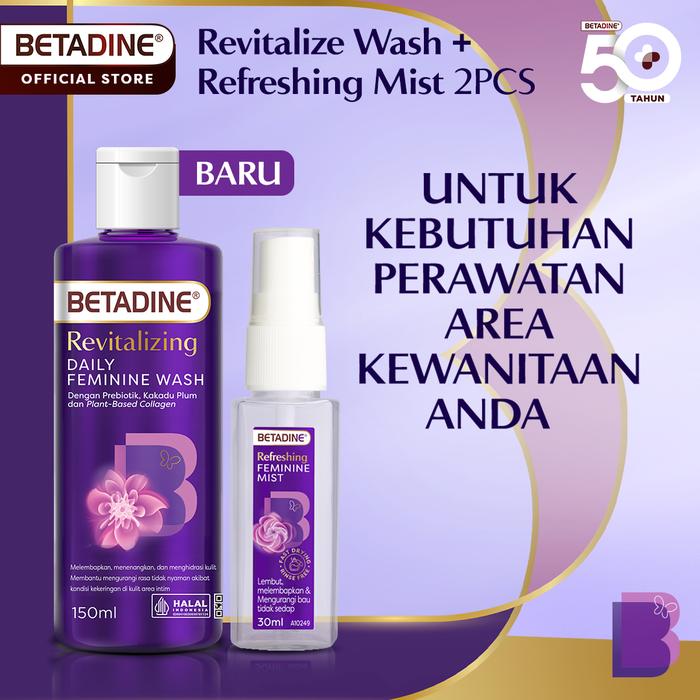 Gambar BETADINE REVITALIZING DAILY FEMININE WASH 150ML + BETADINE REFRESHING FEMININE MIST 30ML - Pembersih Kewanitaan dengan Kolagen Nabati, Prebiotik, & Asam Laktat – Menjaga Kelembapan, Elastisitas Area Intim, Mengurangi Rasa Kering, Hipoalergenik dari Betadine Shop Kota Tangerang Tokopedia