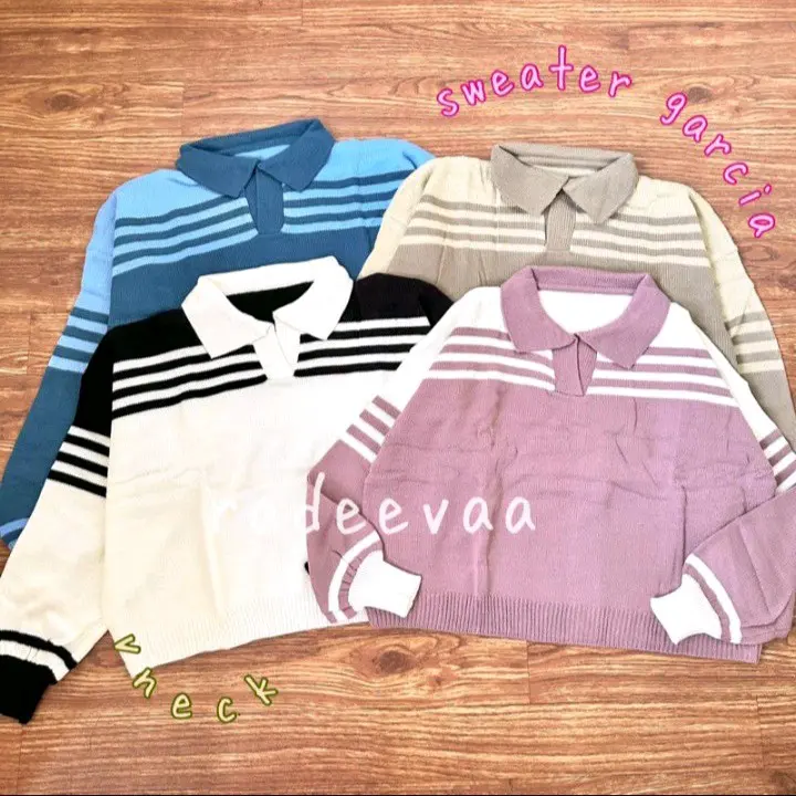 sweater kerah vneck garcia stripe crop top atasan rajut wanita motif garis